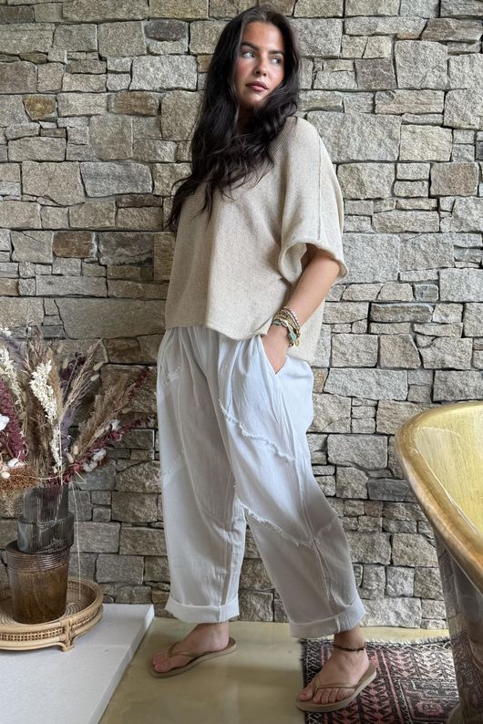 Rustic Nature Linen Blend Barrel Pant White